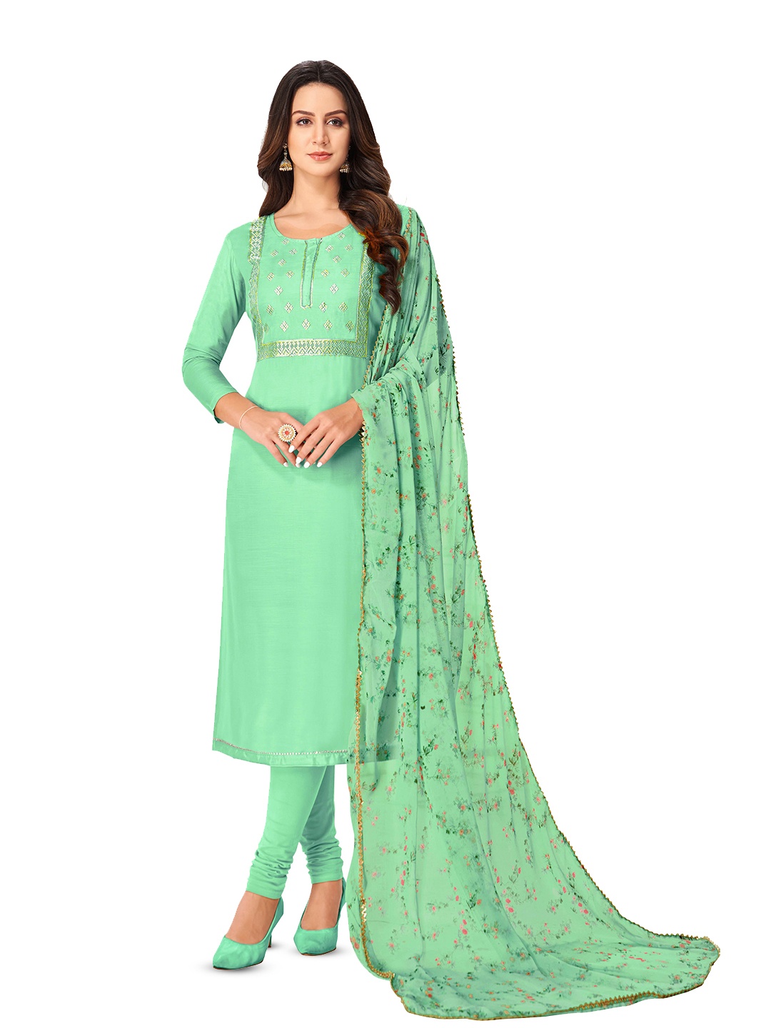 

MANVAA Beads & Stones Embellished Unstitched Dress Material, Sea green