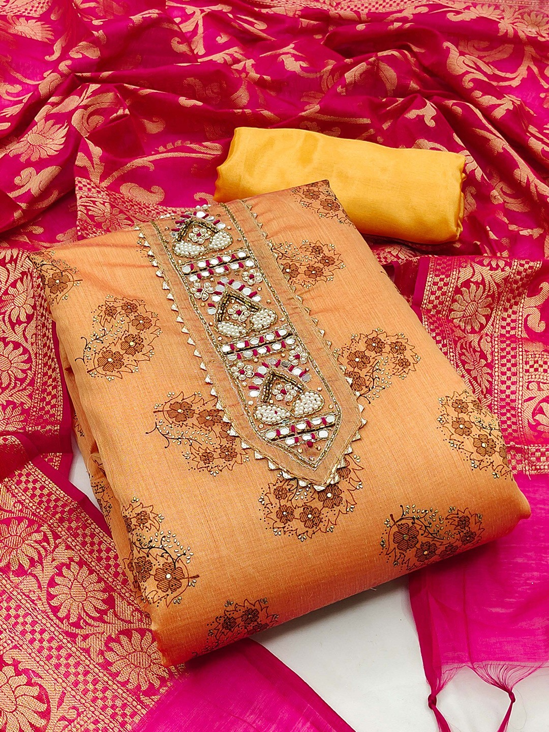 

MANVAA Floral Embroidered Gotta Patti Unstitched Dress Material, Peach