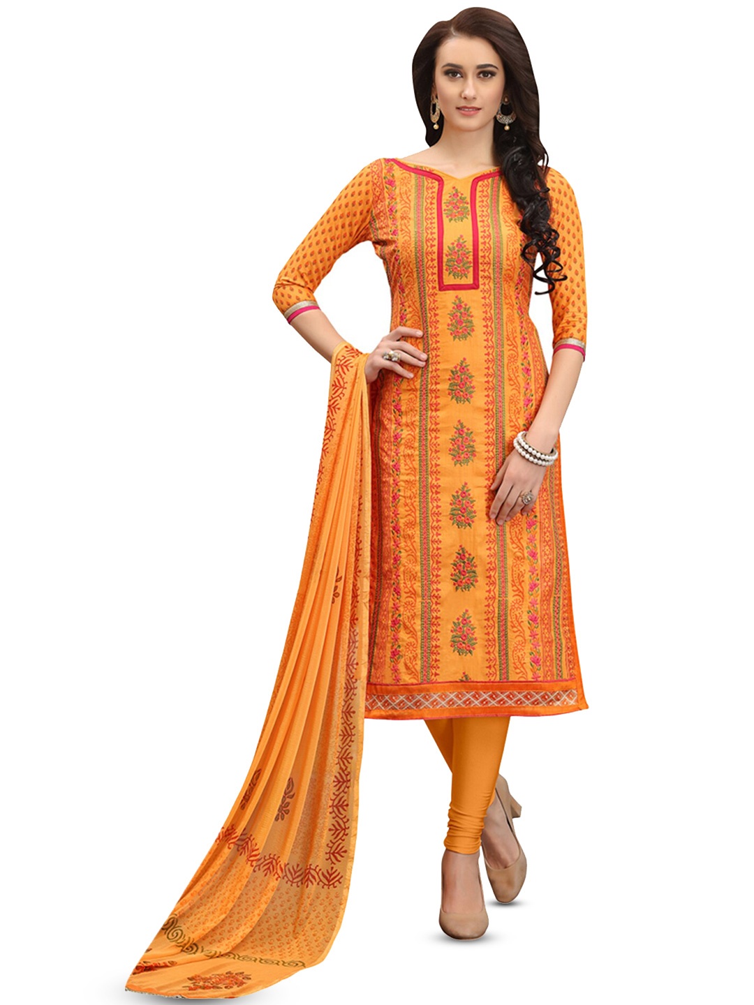 

MANVAA Ethnic Motifs Printed Pure Cotton Unstitched Dress Material, Orange