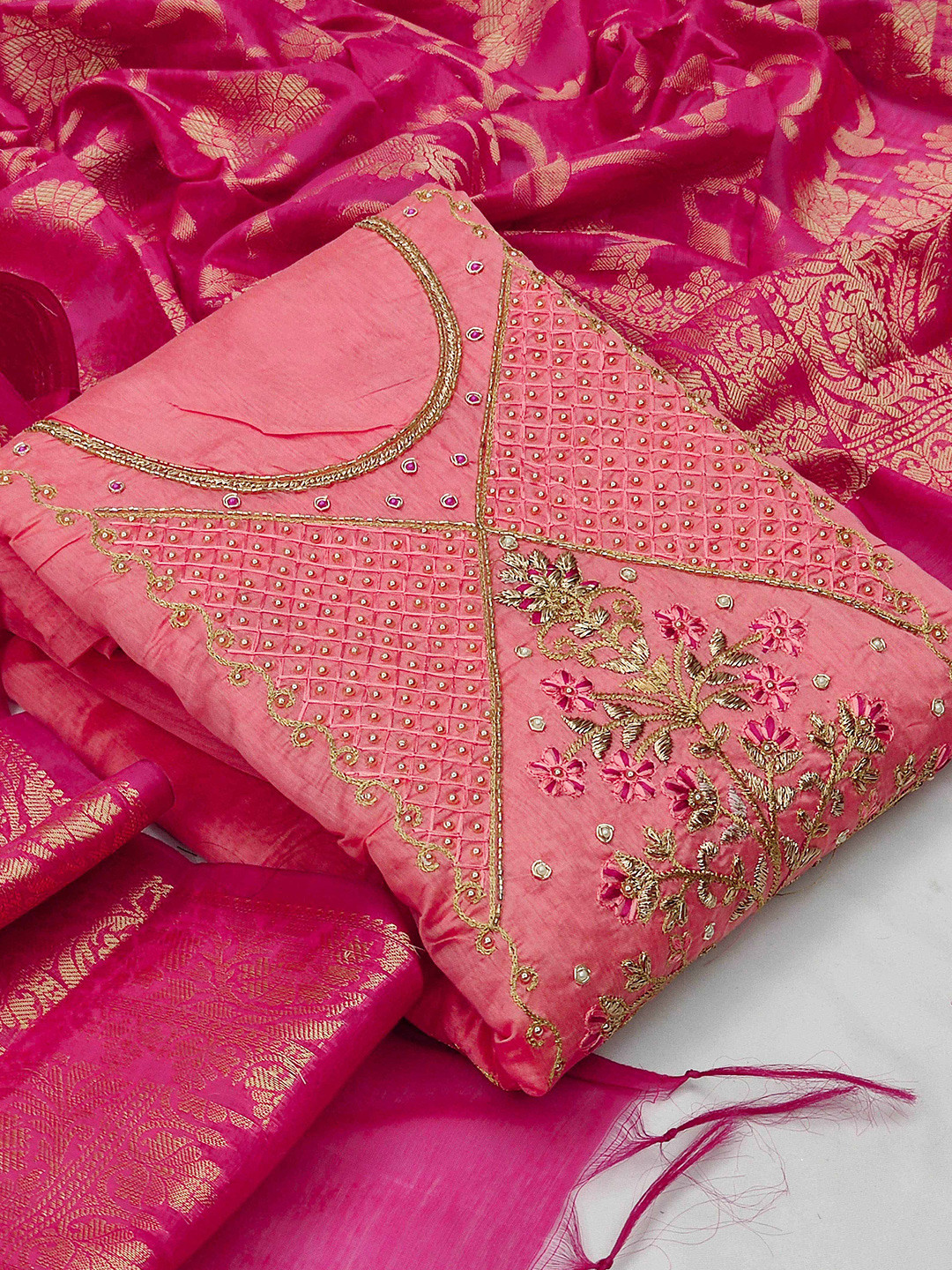 

MANVAA Embroidered Unstitched Dress Material, Peach