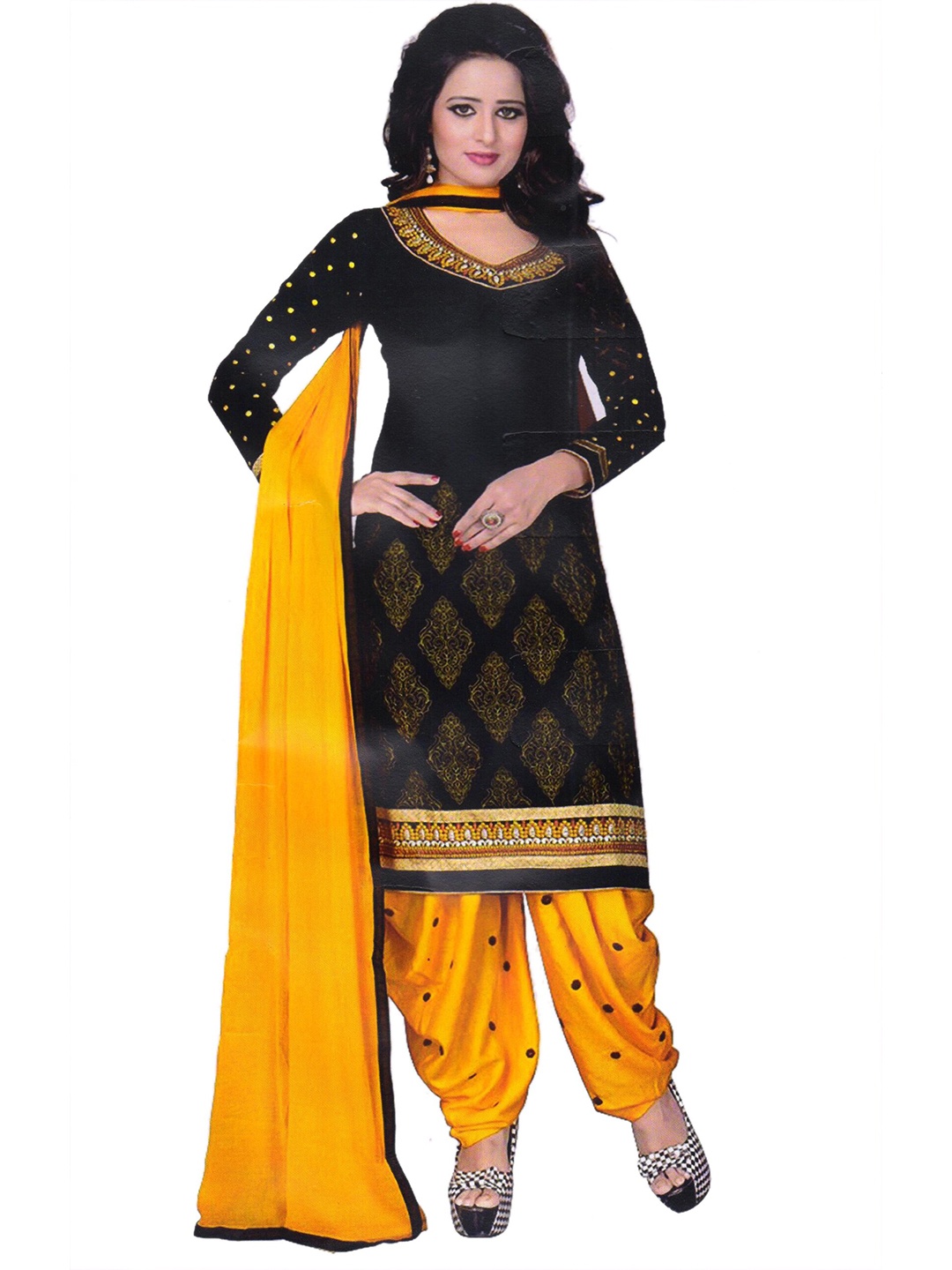 

MANVAA Ethnic Motifs Printed Beads and Stones Unstitched Dress Material, Black
