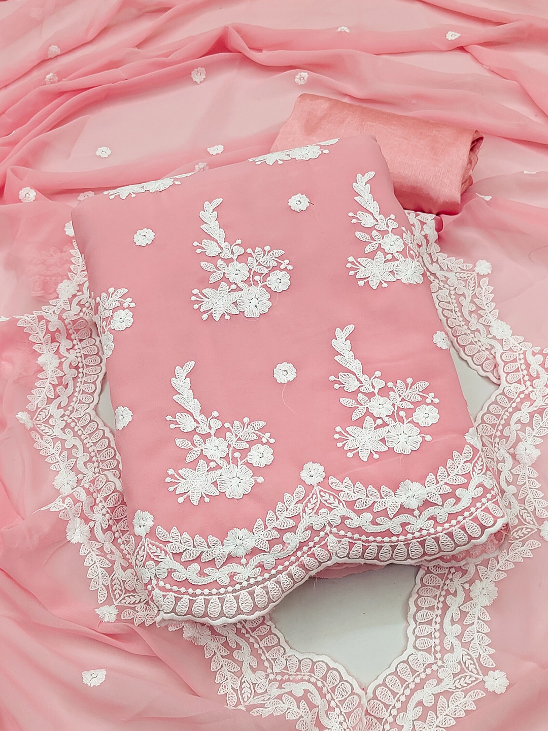 

MANVAA Floral Embroidered Unstitched Dress Material, Pink