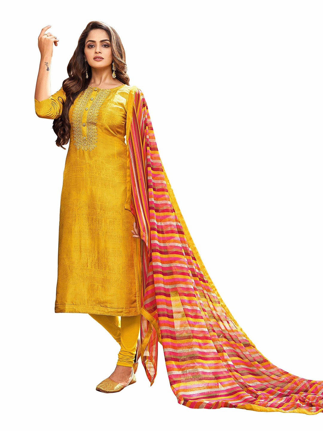

MANVAA Embroidered Unstitched Dress Material, Mustard