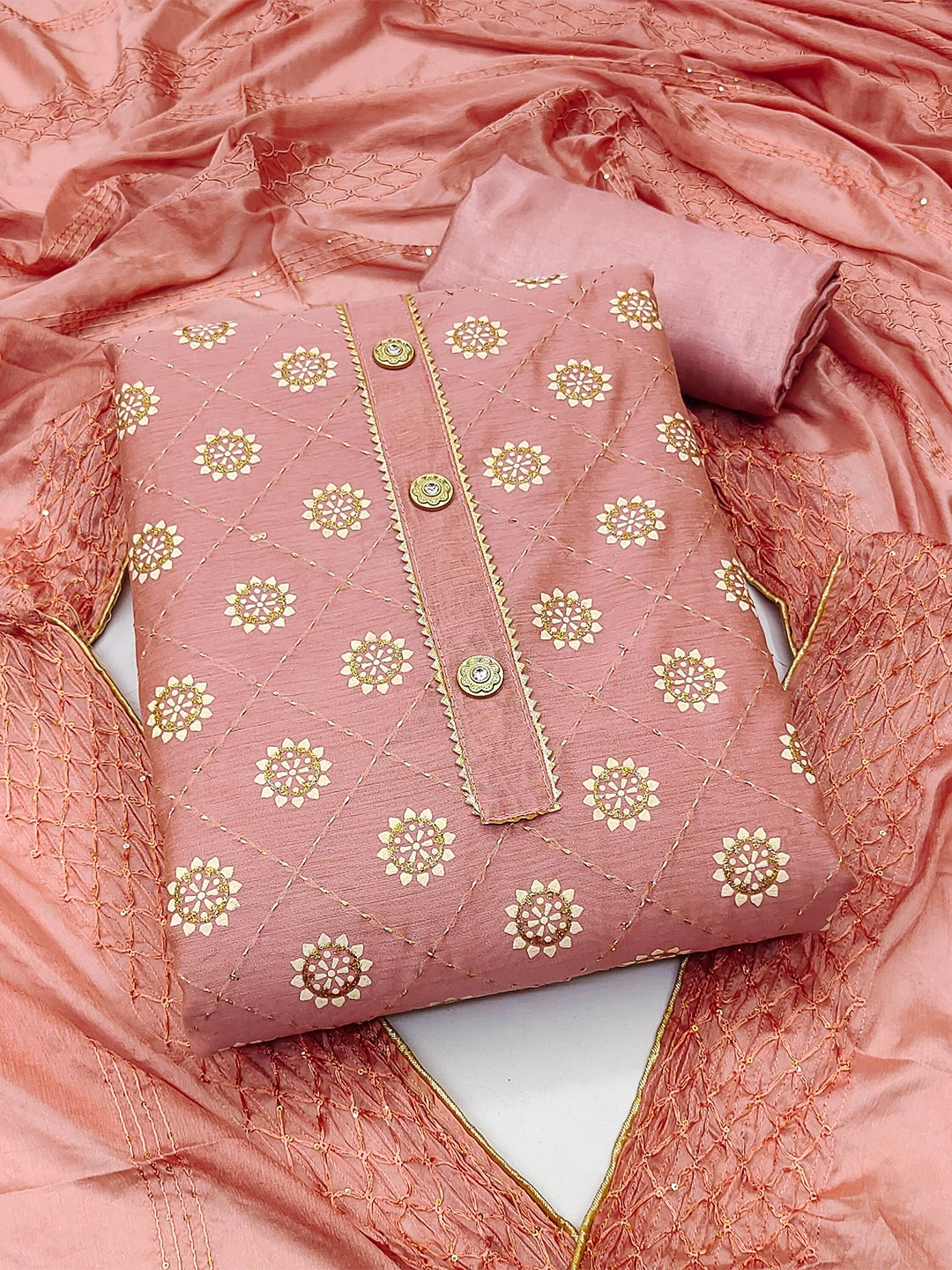 

MANVAA Ethnic Motifs Embroidered Unstitched Dress Material, Pink