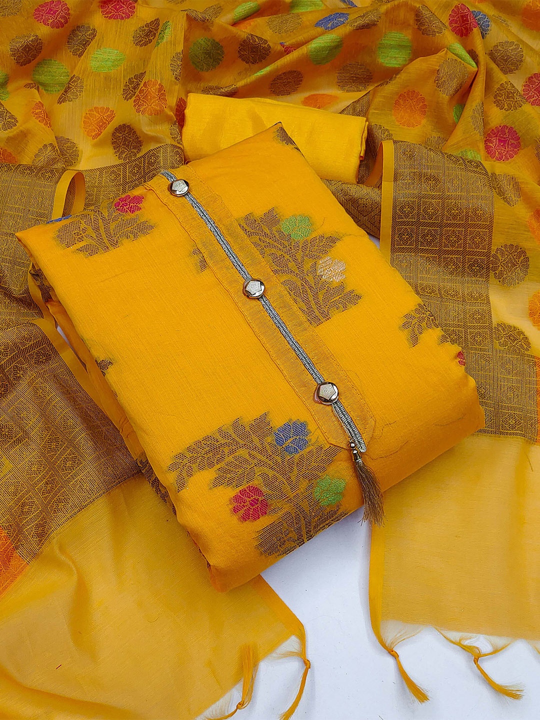 

MANVAA Banarasi Pure Silk Unstitched Dress Material, Yellow