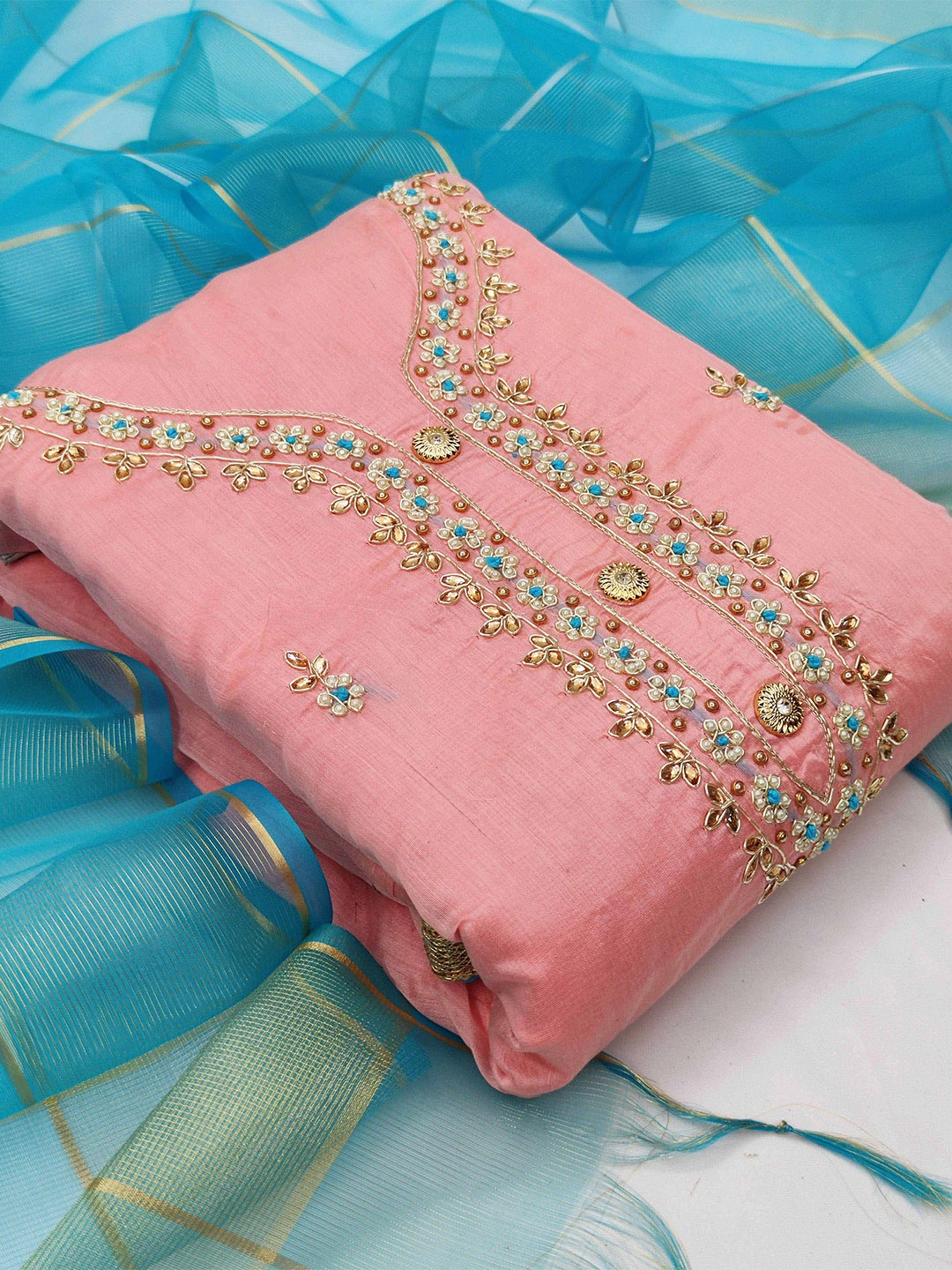 

MANVAA Floral Embroidered Zardozi Unstitched Dress Material, Pink