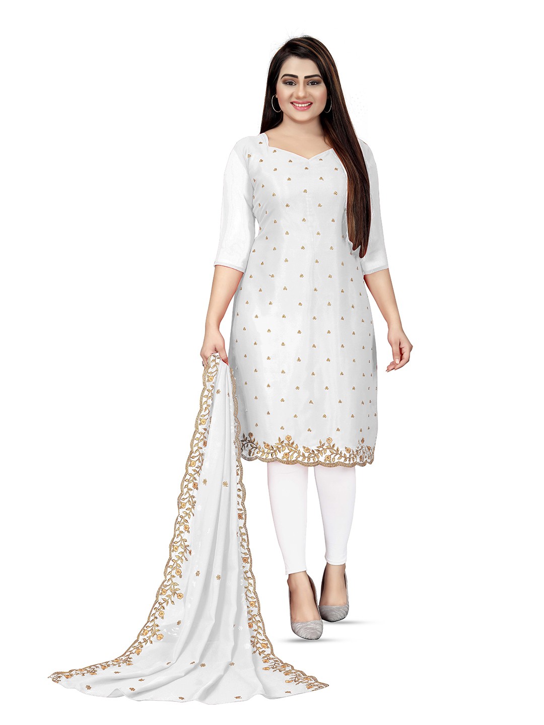 

MANVAA Embroidered Silk Georgette Unstitched Dress Material, White