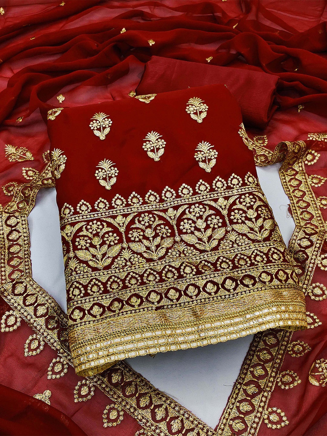 

MANVAA Floral Embroidered Silk Georgette Unstitched Dress Material, Maroon