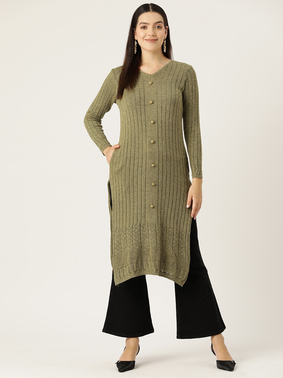 

American Eye V-Neck Ribbed Acrylic Kurta, Olive