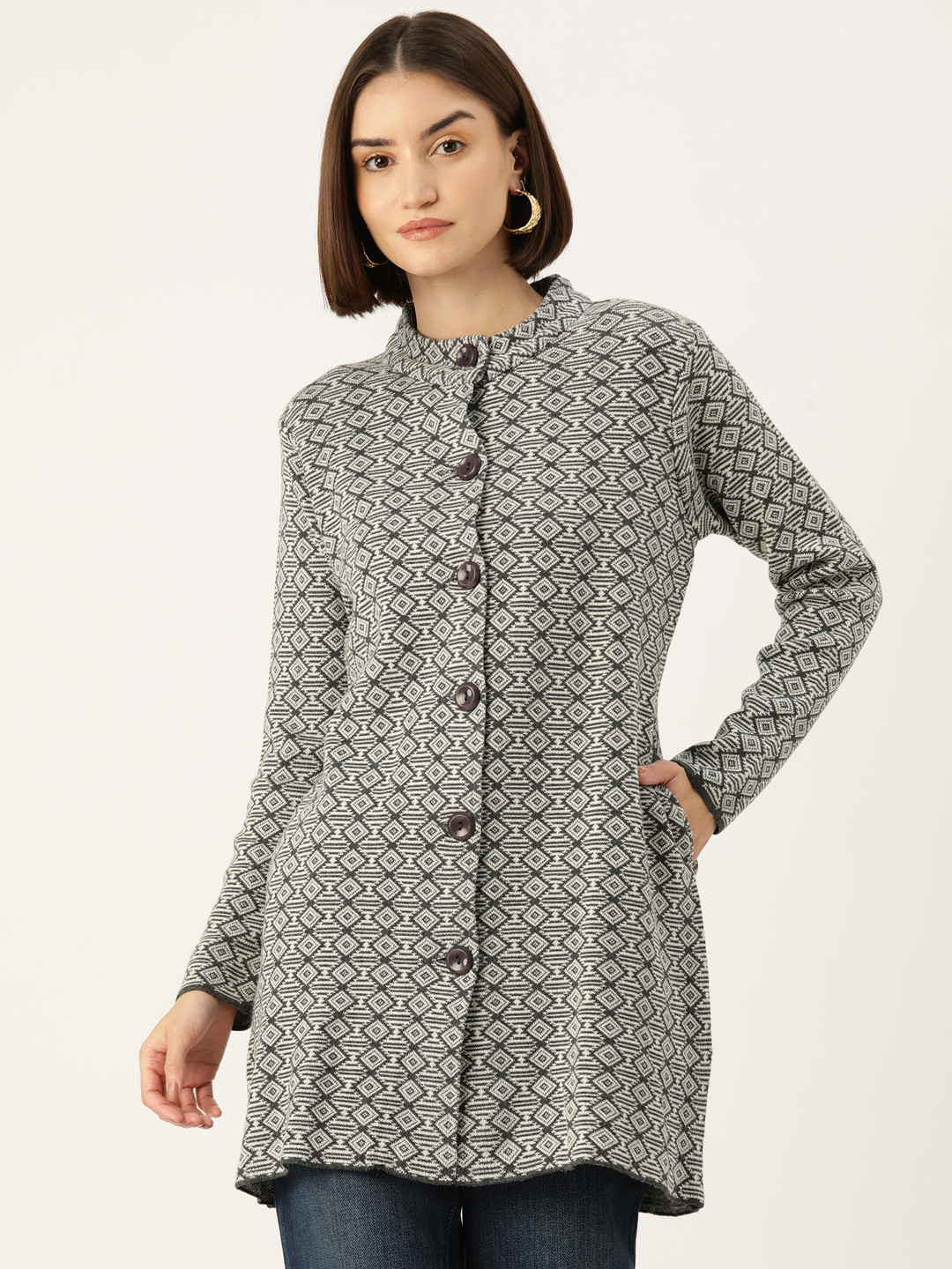 

American Eye Self Design Longline Acrylic Cardigan, Grey melange