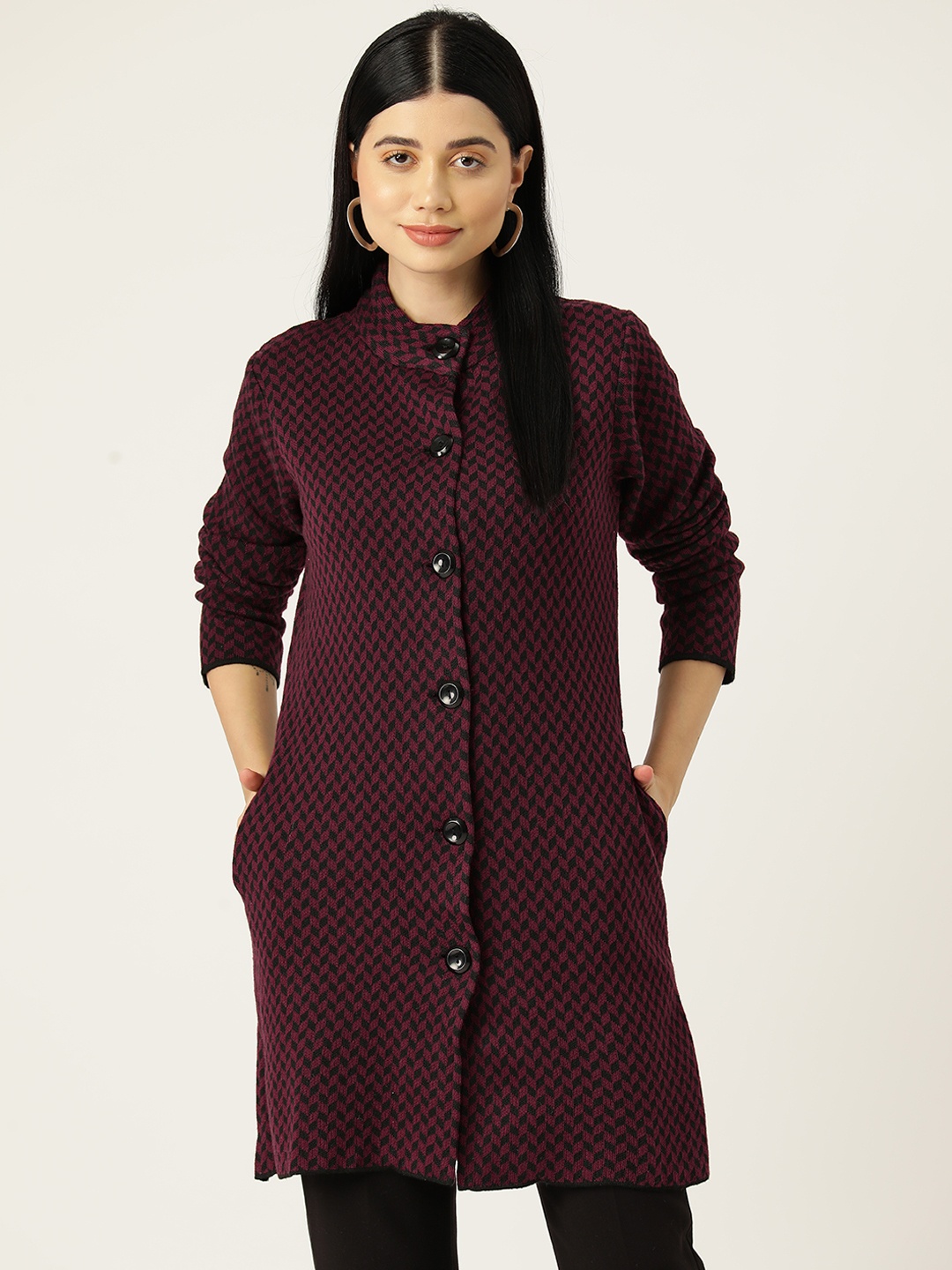 

American Eye Geometric Design Acrylic Longline Cardigan, Burgundy