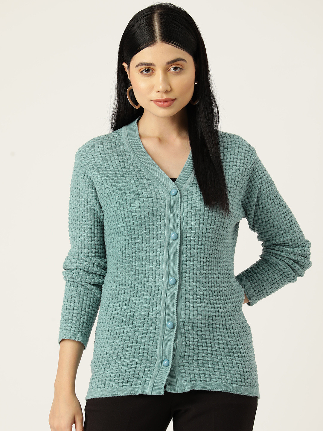 

American Eye Basket Knit Acrylic Cardigan, Green