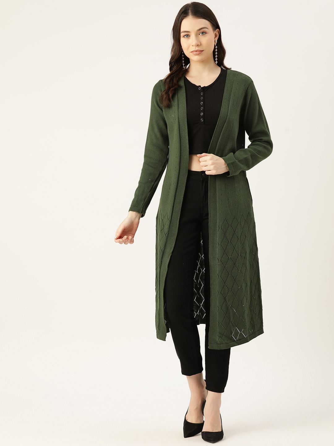 

American Eye Open-Knit Acrylic Longline Open-Front Sweater, Olive