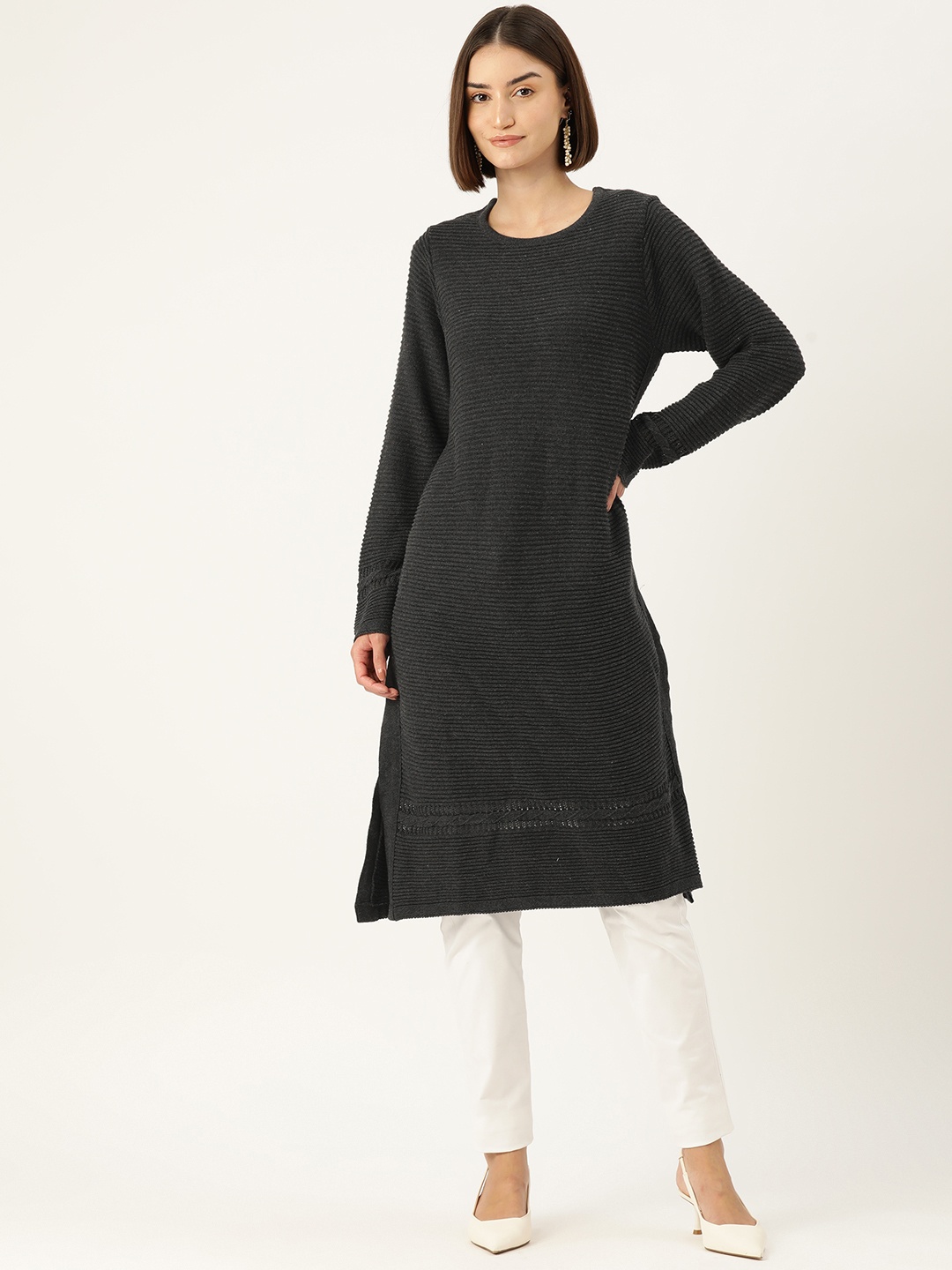 

American Eye Cable Knit Detail Acrylic Winter Kurta, Charcoal