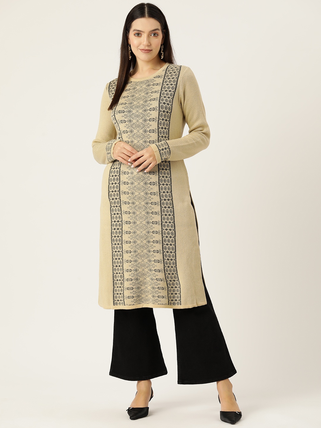 

American Eye Ethnic Motifs Acrylic Kurta, Beige