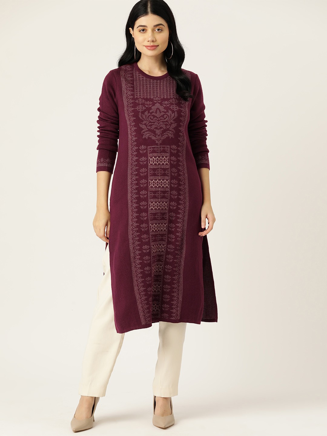 

American Eye Ethnic Motifs Acrylic Winter Kurta, Burgundy