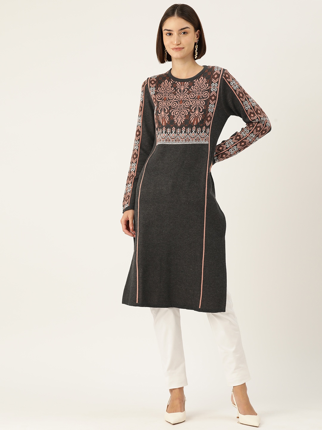

American Eye Ethnic Motifs Acrylic Winter Kurta, Charcoal