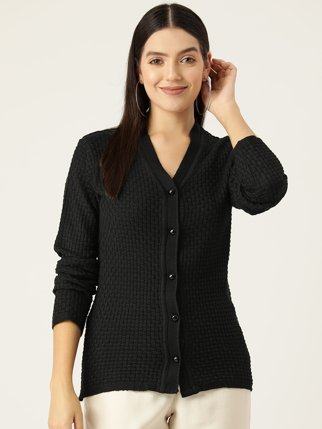 

American Eye Basket Knit V-Neck Cardigan, Black
