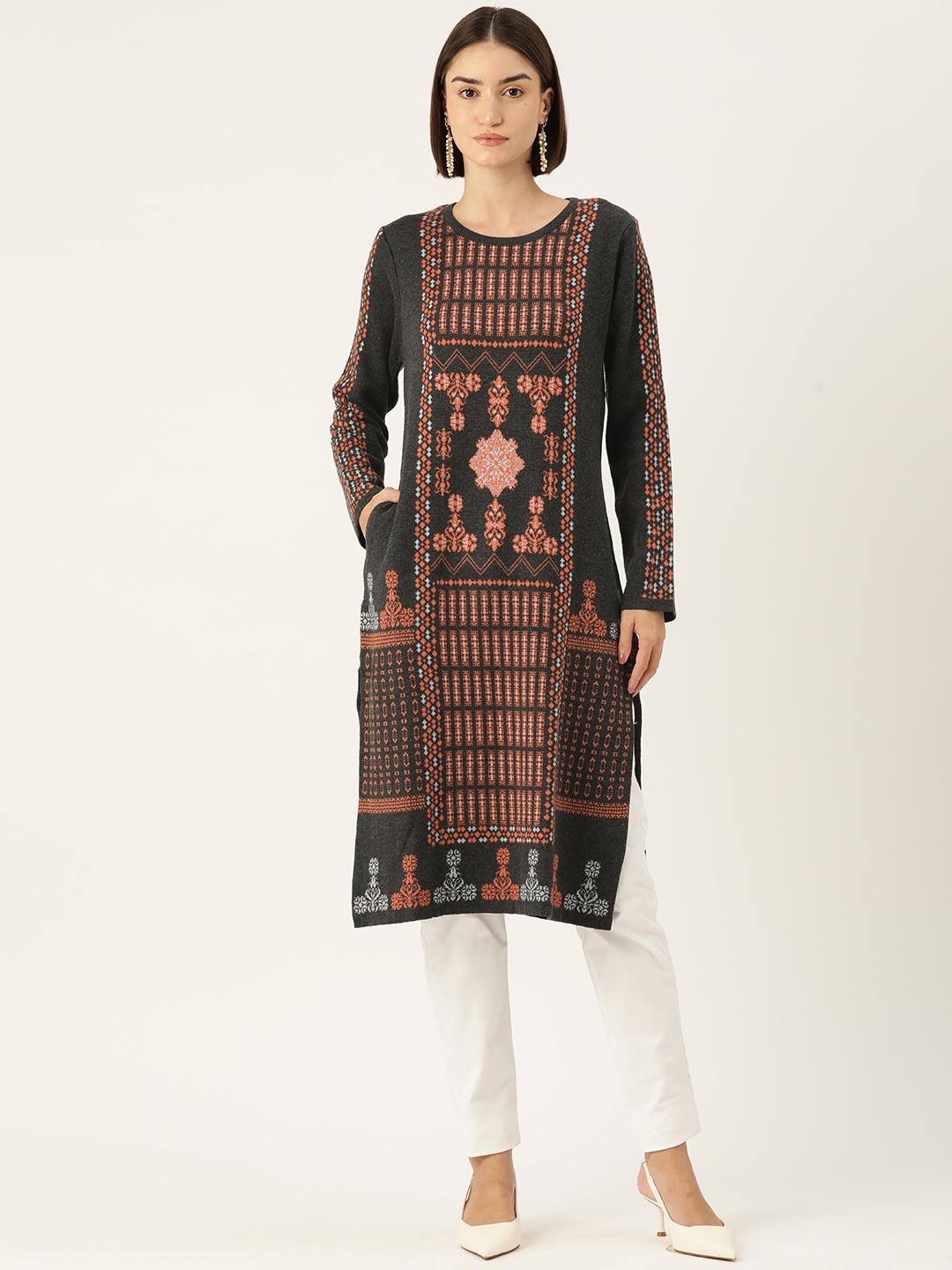 

American Eye Ethnic Motifs Acrylic Winter Kurta, Charcoal