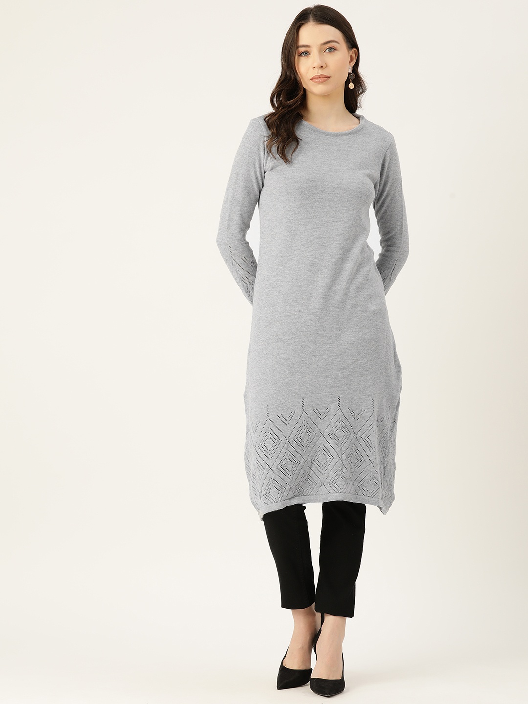 

American Eye Open-Knit Detail Acrylic Winter Kurta, Grey