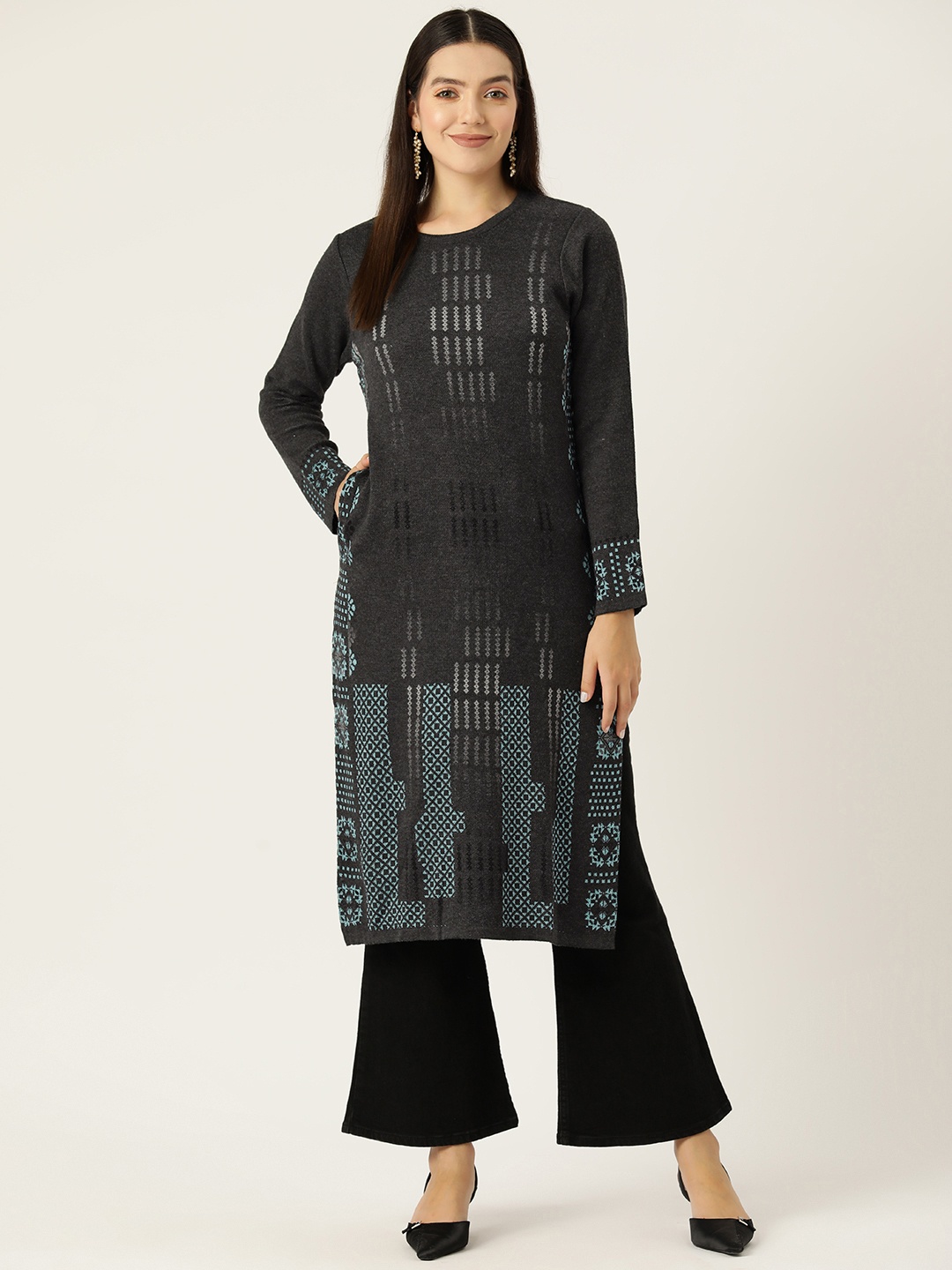 

American Eye Ethnic Motifs Acrylic Kurta, Charcoal