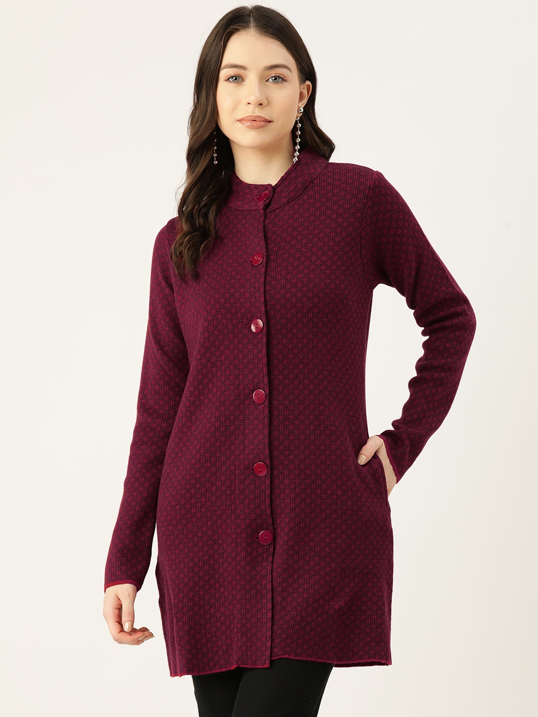 

American Eye Checked Longline Acrylic Cardigan, Maroon