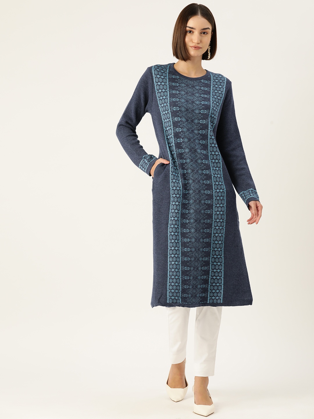 

American Eye Ethnic Motifs Acrylic Winter Kurta, Blue