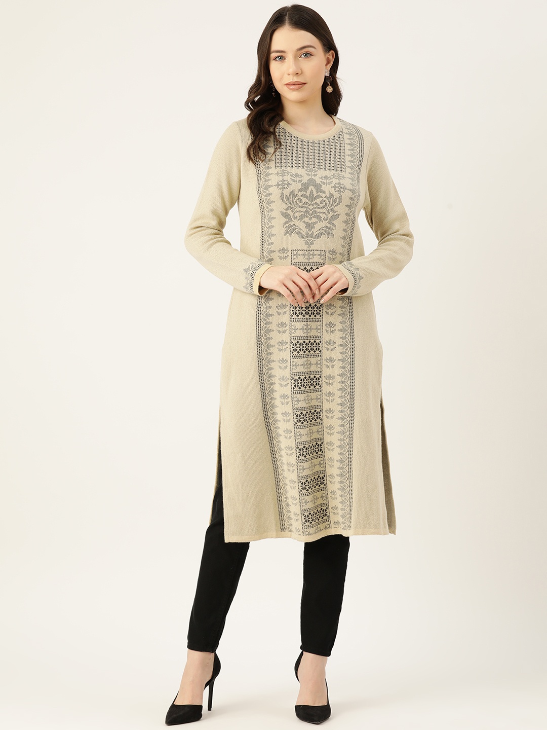 

American Eye Ethnic Motifs Acrylic Winter Kurta, Beige