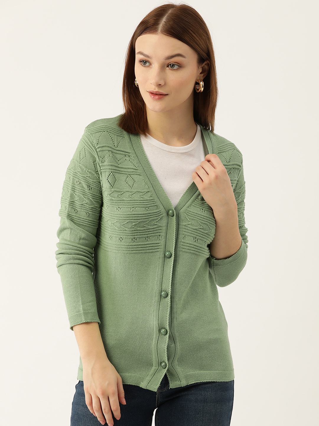 

American Eye Acrylic Self Design Cardigan, Green