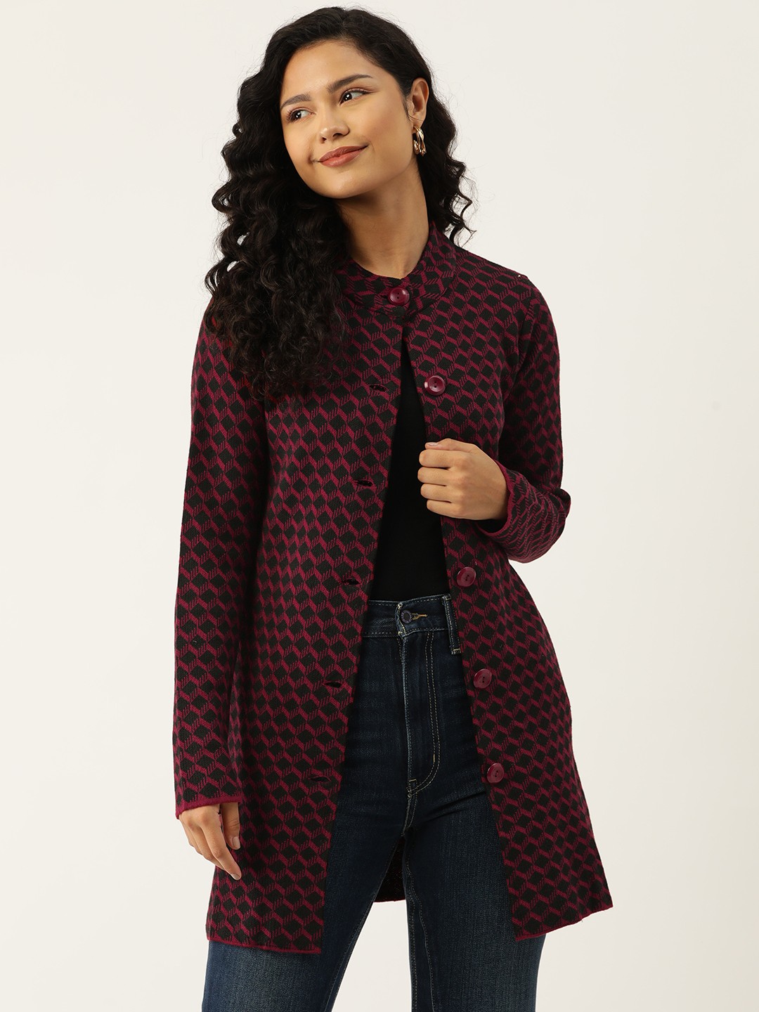 

American Eye Acrylic Self Design Longline Cardigan, Maroon