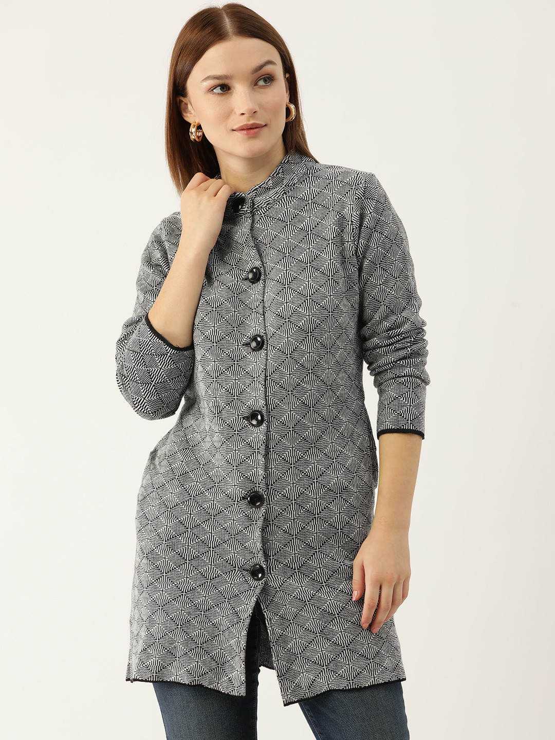 

American Eye Acrylic Self Design Longline Cardigan, Black