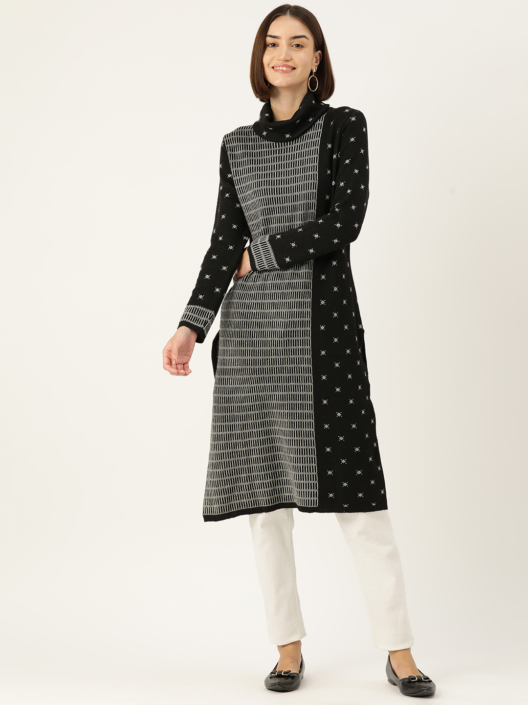 

American Eye Checked Acrylic Winter Kurta, Black