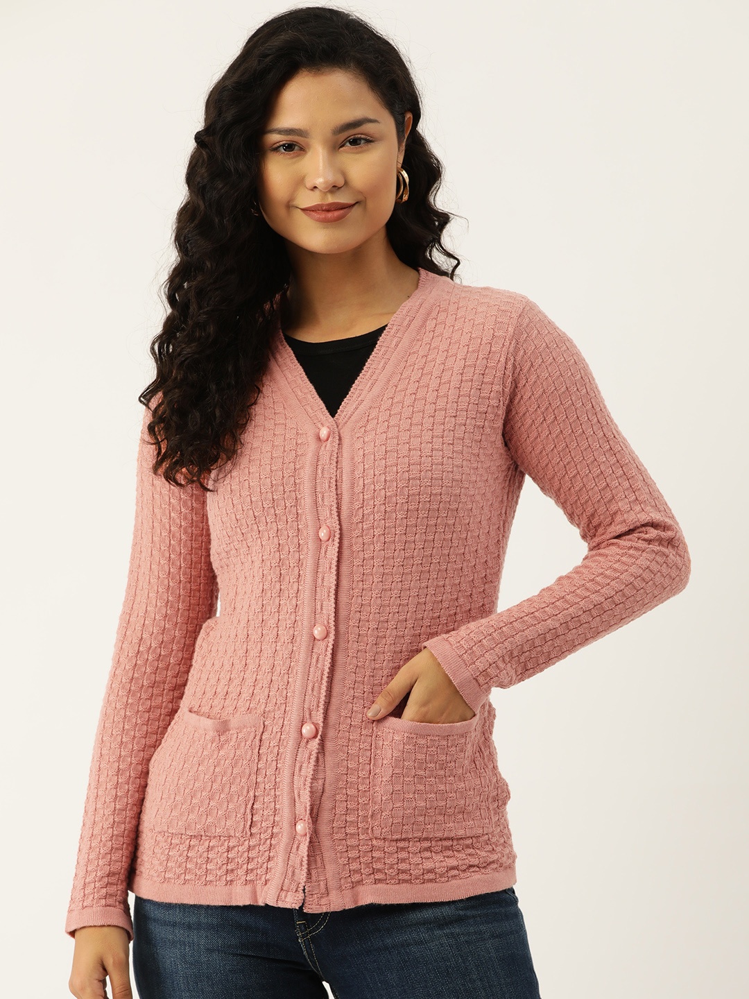 

American Eye Acrylic Self Design Cardigan, Peach