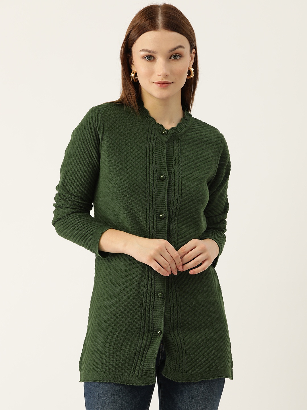 

American Eye Women Self Striped Acrylic Longline Cardigan, Olive