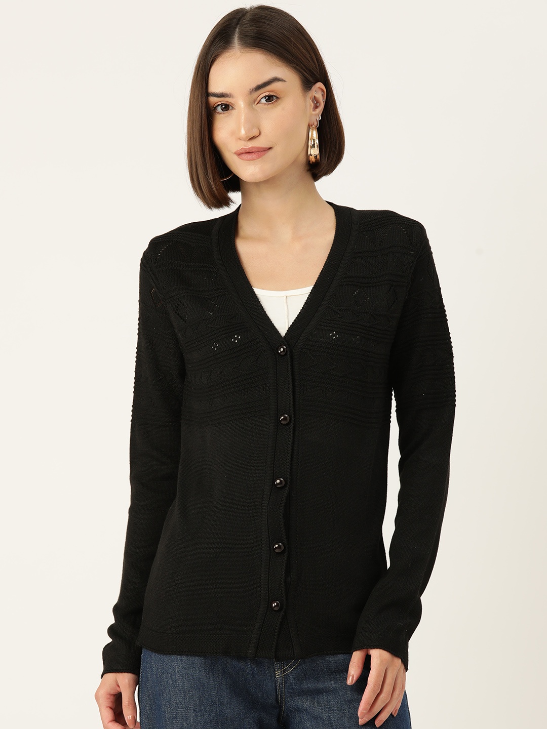 

American Eye Open-Knit Acrylic Cardigan, Black