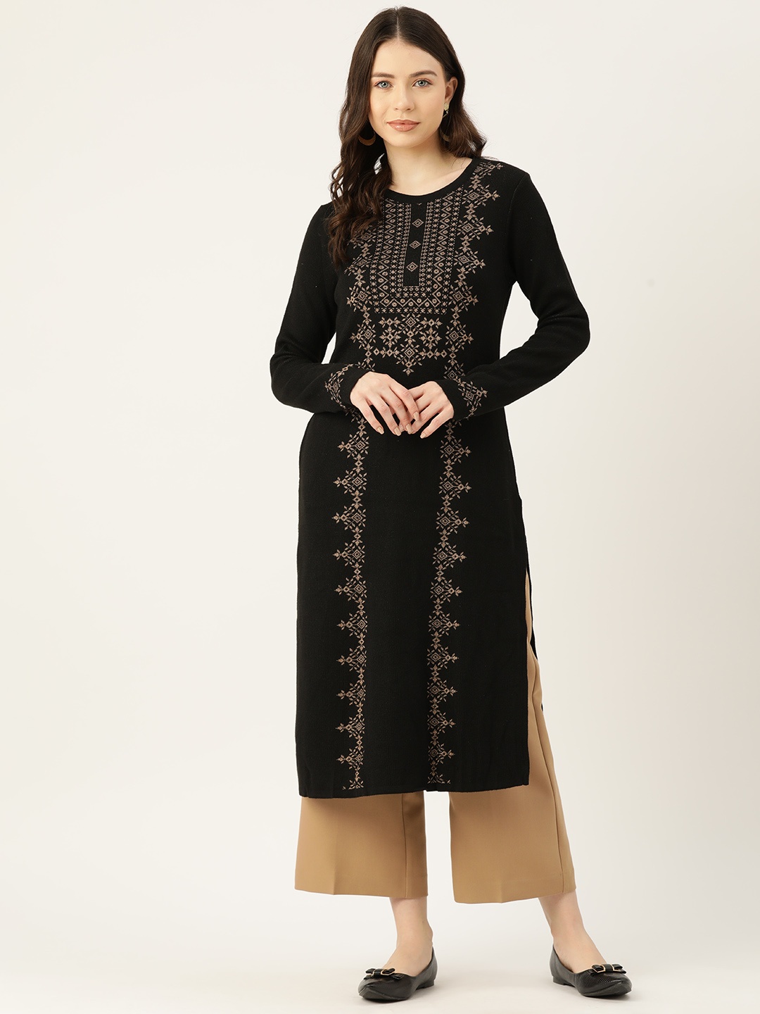 

American Eye Ethnic Motifs Acrylic Winter Kurta, Black