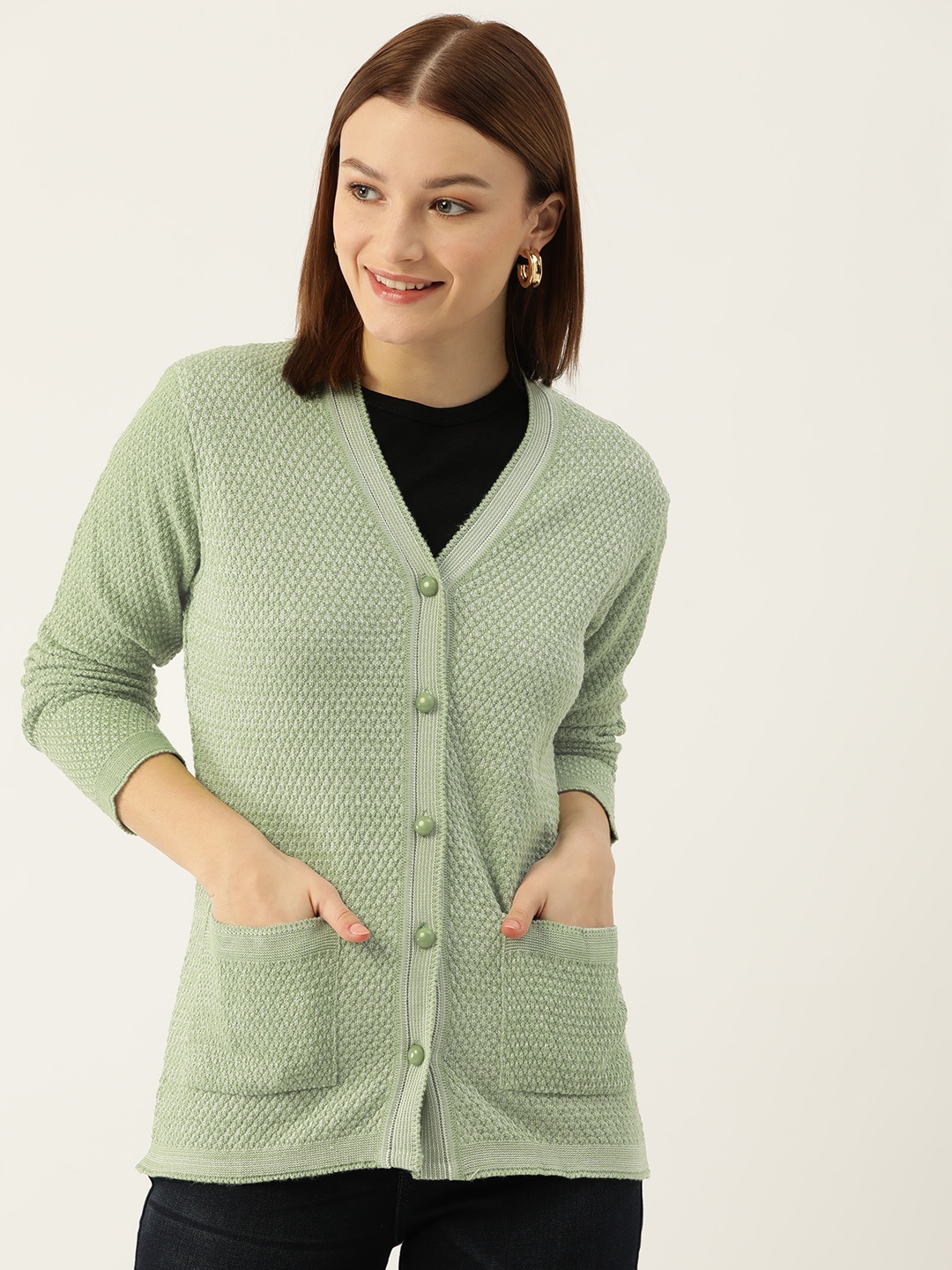 

American Eye Women Self Checked Acrylic Cardigan, Green