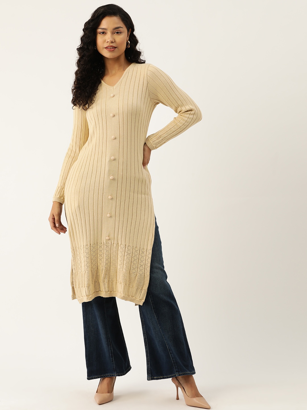 

American Eye Women Ribbed Winter Kurta, Beige