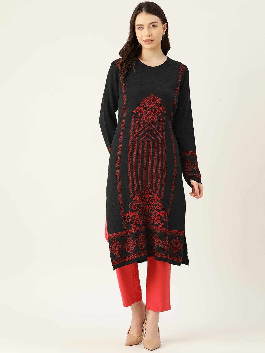 

American Eye Ethnic Motifs Acrylic Winter Kurta, Black