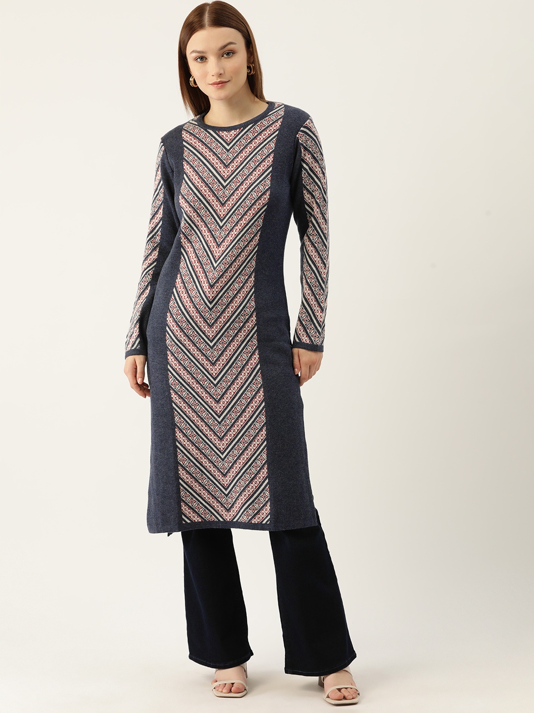 

American Eye Women Self Geometric Winter Kurta, Navy blue
