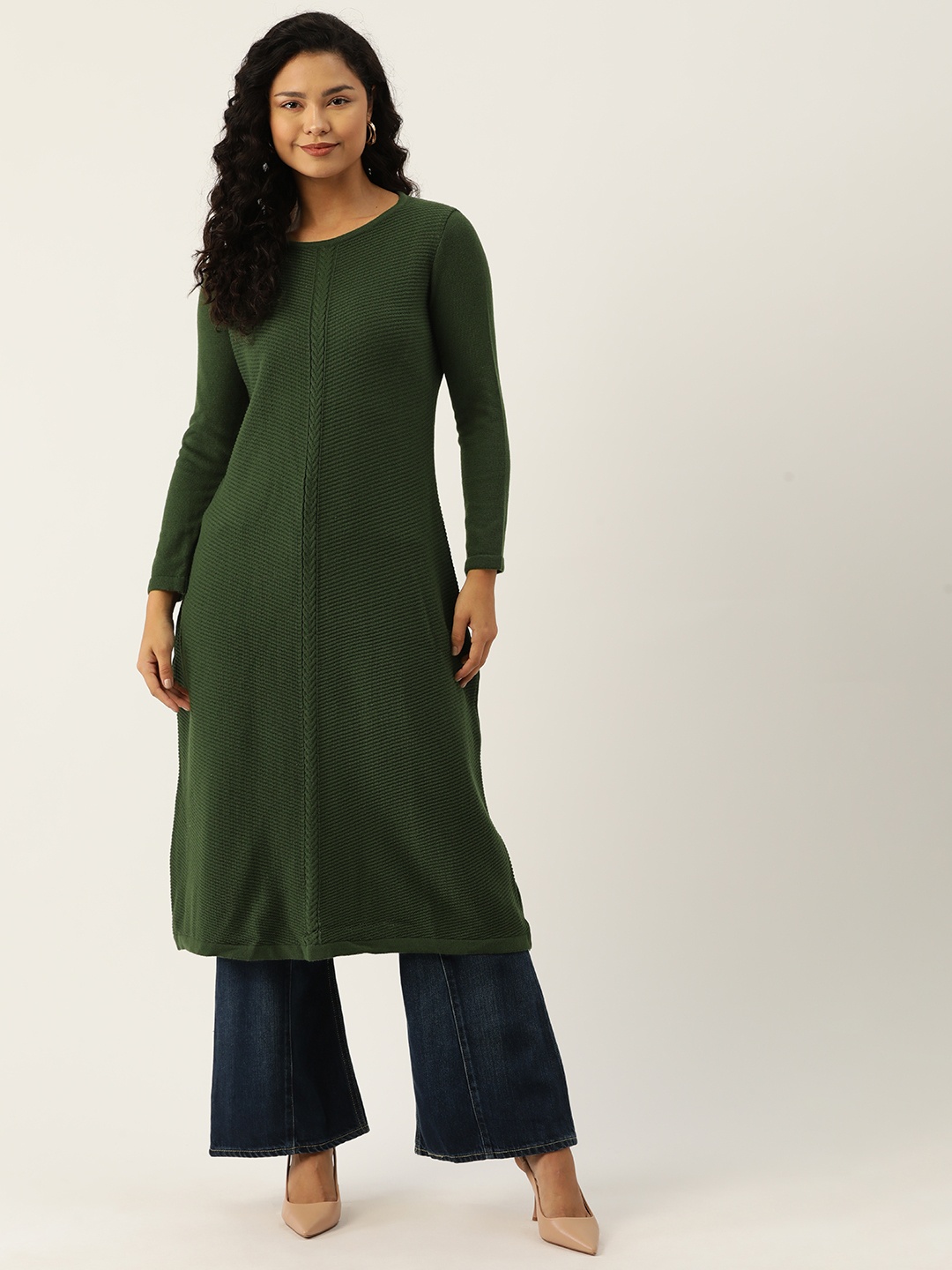 

American Eye Women Cable Knit Self Striped Winter Kurta, Olive