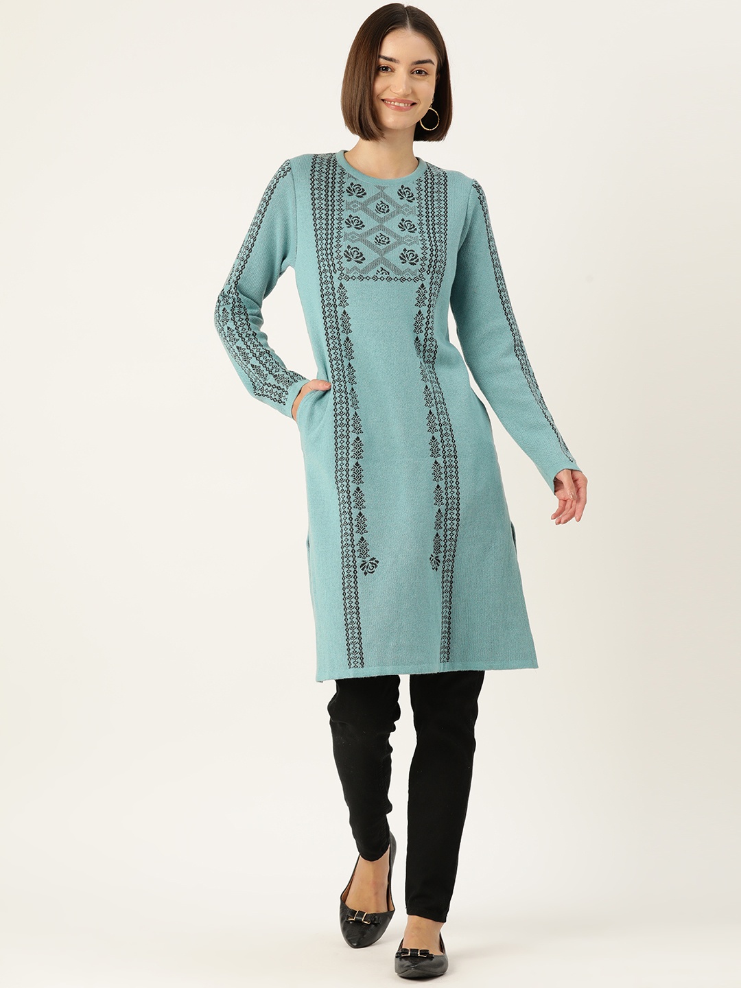 

American Eye Geometric Acrylic Winter Kurta, Sea green