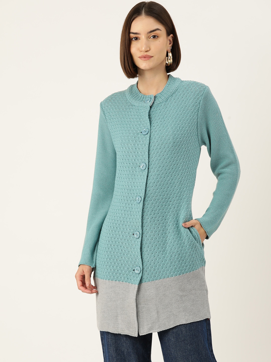 

American Eye Cable Knit Longline Acrylic Cardigan, Sea green