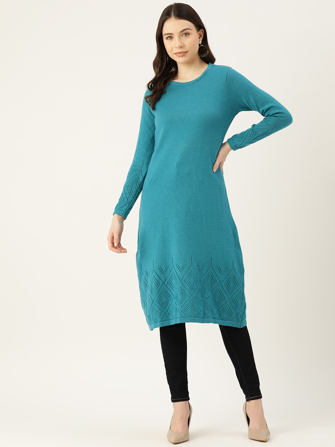

American Eye Open-Knit Detail Acrylic Winter Kurta, Turquoise blue
