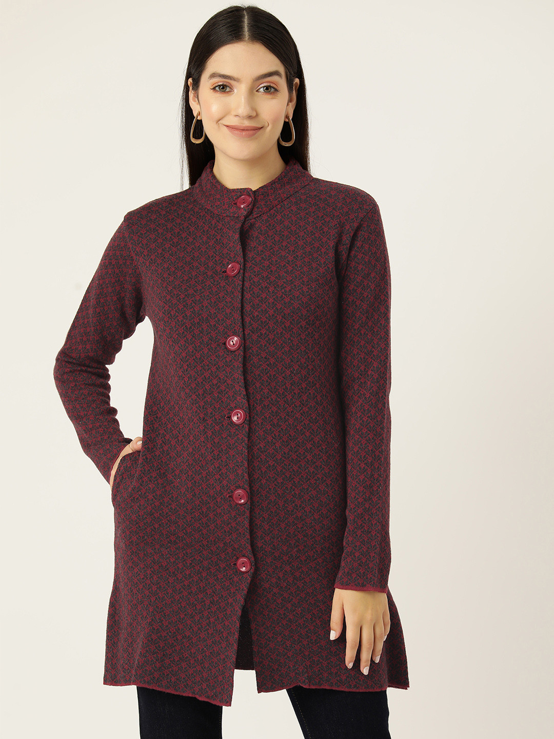 

American Eye Self Design Acrylic Longline Cardigan, Maroon