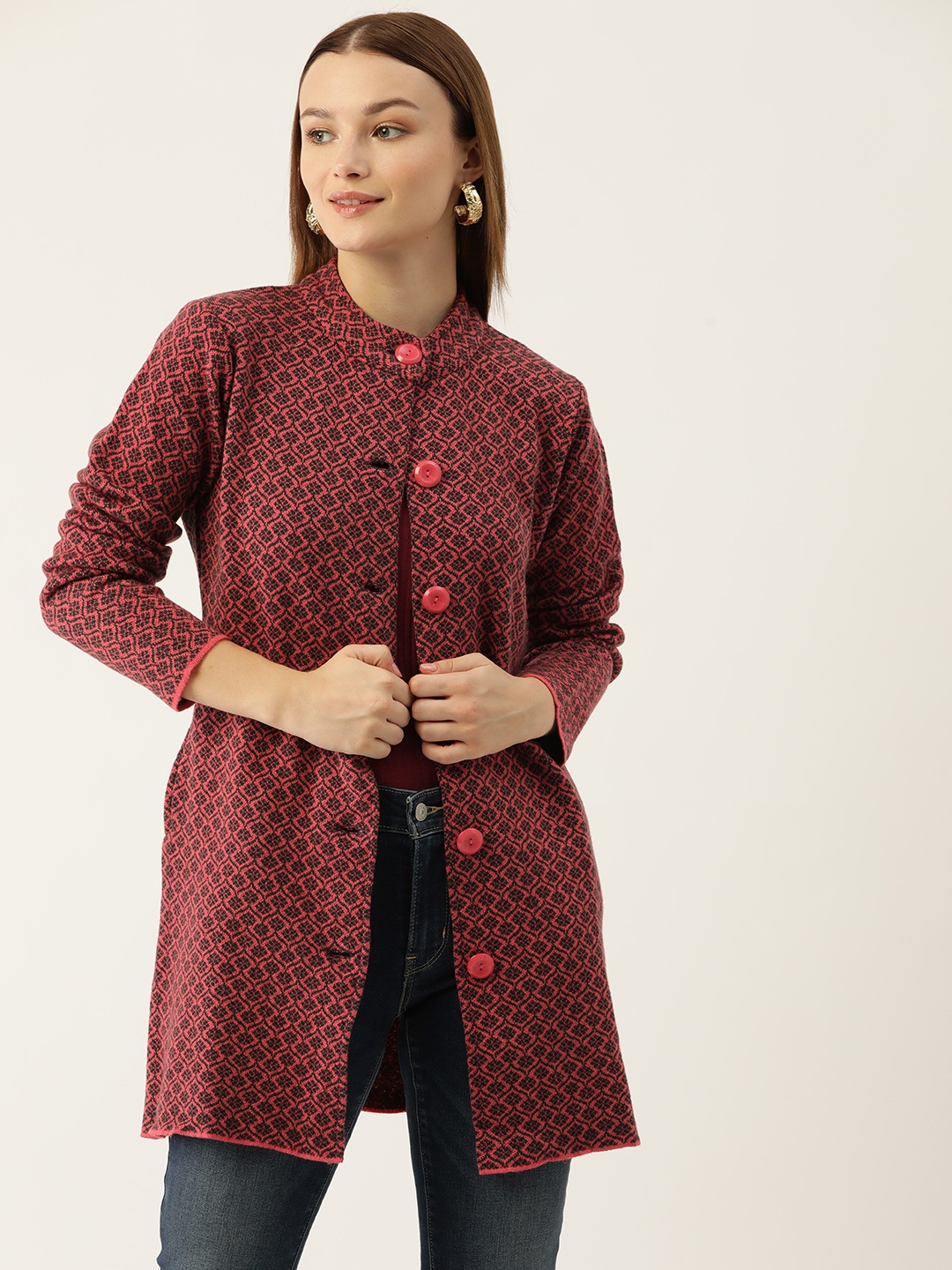 

American Eye Self Design Acrylic Longline Cardigan, Coral