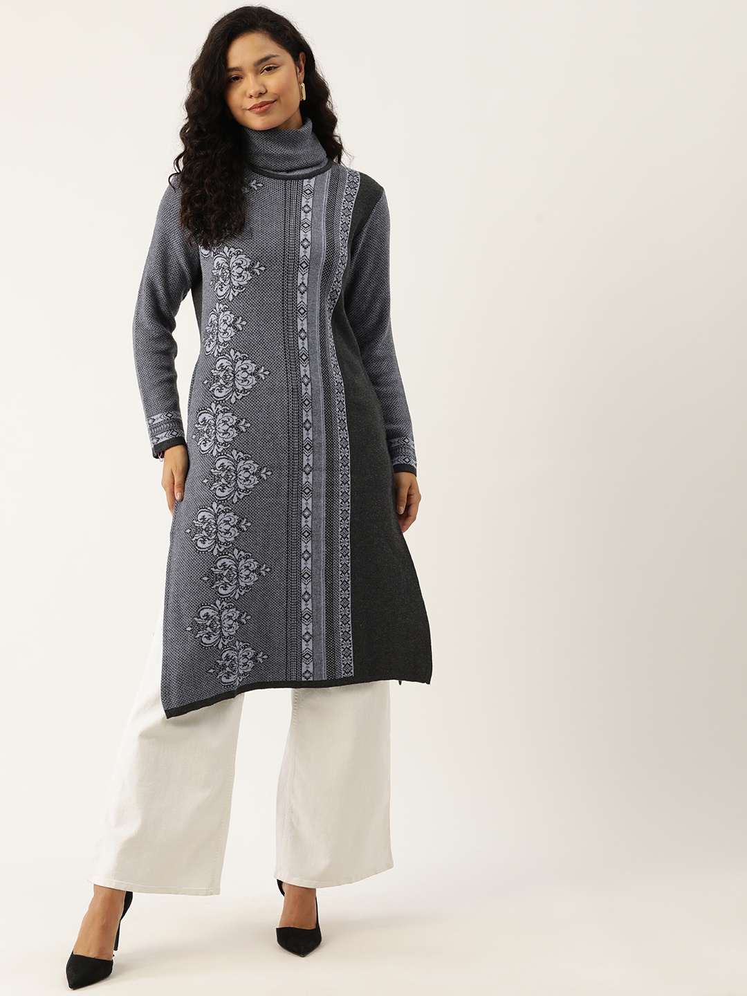 

American Eye Ethnic Motifs Acrylic Winter Kurta, Charcoal