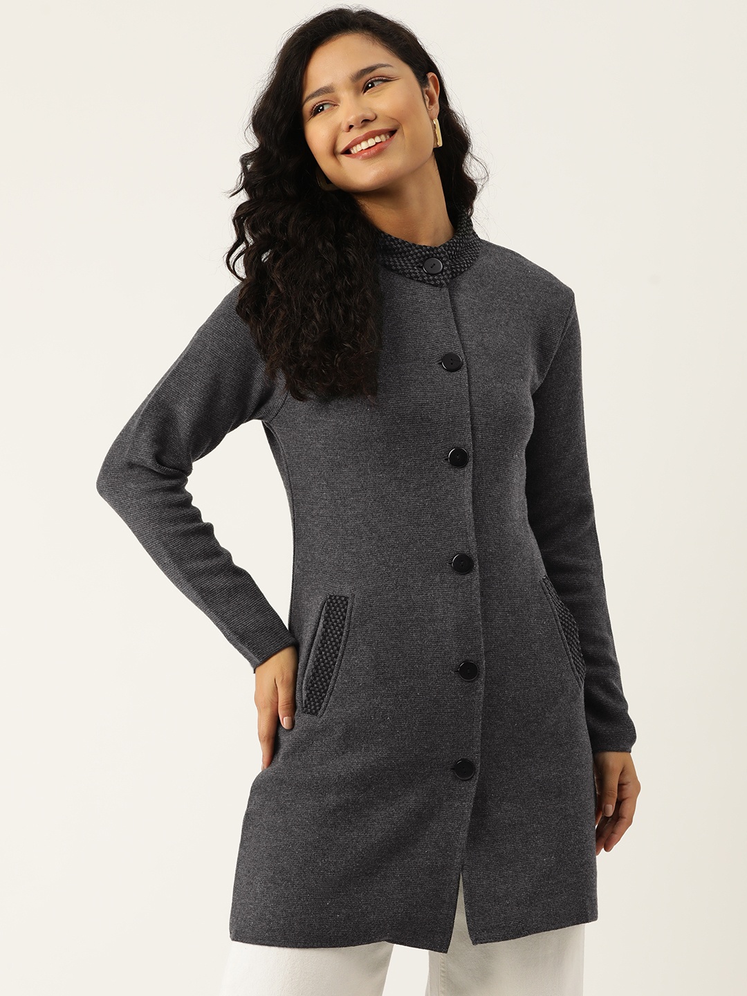 

American Eye Self Design Acrylic Longline Cardigan, Charcoal