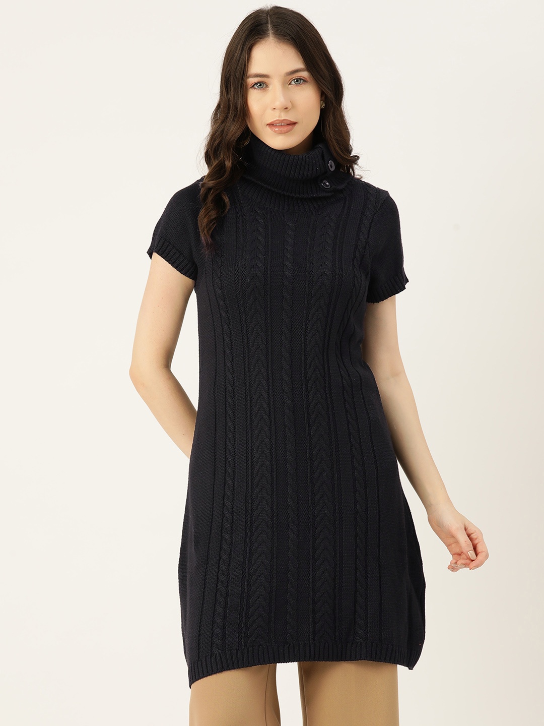 

American Eye Women Acrylic Cable Knit Longline Pullover, Black