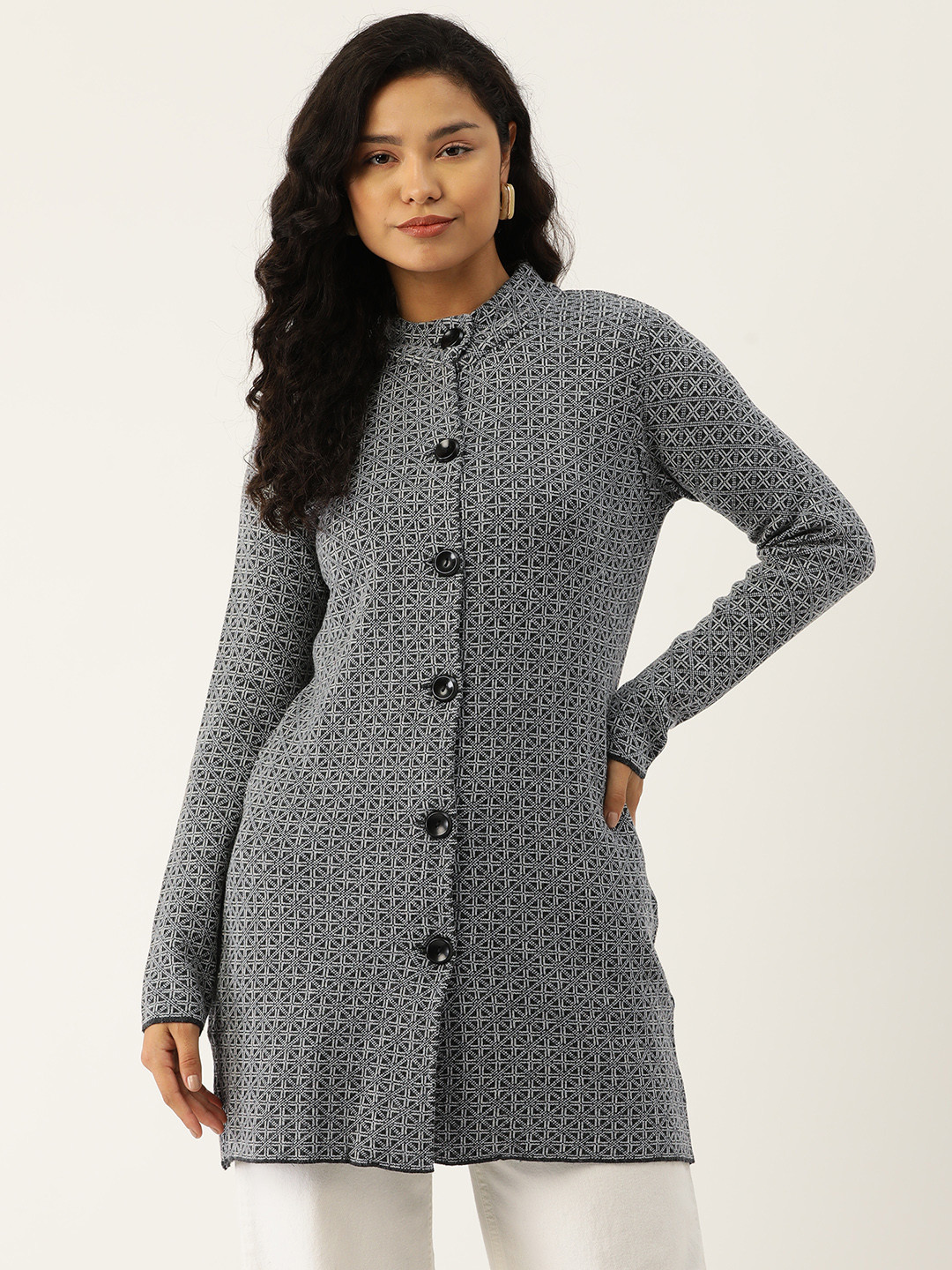 

American Eye Self Checked Acrylic Longline Cardigan, Charcoal